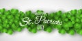 Saint Patricks Day banner. Green clovers and stylish lettering on a white background. Holiday cover. Vector illustration