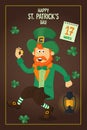 saint patricks day banner with happy patrick with gold coin and gas lamp in his hands