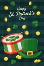 saint patricks day banner with holiday drum, patricks hat, gold coins and shamrock leaves
