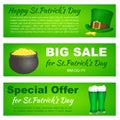 Saint Patricks Day banners with Leprechaun hat, pot and beer for greeting card, ad, promotion, poster, flier, blog, web