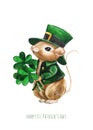 Saint Patricks Day card with a cute mouse in green hat. Cartoon sweet hamster with bouquete of clover. Watercolor illustration for