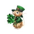 Saint Patricks Day card with a cute mouse in green hat. Cartoon sweet hamster with bouquete of clover. Watercolor illustration for