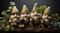 Saint Patricks Day Card with Leprechaun,Shamrock Gnomes and Shamrock on Blurred Black Background.Generative Ai