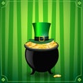Saint Patricks Day card with treasure of leprechaun and green ha Royalty Free Stock Photo