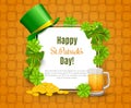 Saint Patricks Day Card with Treasure of Leprechaun, Green Hat on orange Background.