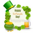 Saint Patricks Day Card with Treasure of Leprechaun, Green Hat on orange Background.