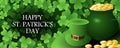 Saint Patricks Day card with treasure of Leprechaun, pot full of golden coins, green hat and irish shamrock leaves on green backgr Royalty Free Stock Photo