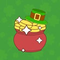 Saint Patricks Day Card With Treasure of Leprechaun, Pot Full of Golden Coins, Green Hat On Shamrock Background Royalty Free Stock Photo