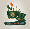 Saint Patricks Day Card with Treasure of Leprechaun, Pot Full of Golden Coins Royalty Free Stock Photo