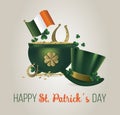 Saint Patricks Day Card with Treasure of Leprechaun, Pot Full of Golden Coins Royalty Free Stock Photo