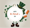 Saint Patricks Day Card with Treasure of Leprechaun, Pot Full of Golden Coins Royalty Free Stock Photo