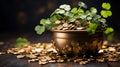Saint Patricks Day Card with Treasure of Leprechaun, Pot Full of Golden Coins and Shamrock on Blurred Green Background.Generative