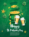 Saint Patricks Day Festive Banner with Pot Filled Golden Coins, Glass of Beer, Green Top Hat and Shamrock