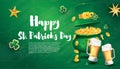 Saint Patricks Day Festive Banner with Pot Filled Golden Coins, Glass of Beer, Green Top Hat and Shamrock