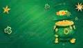 Saint Patricks Day Festive Banner with Pot Filled Golden Coins, Green Top Hat and Shamrock.