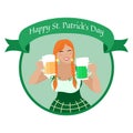 Saint Patricks Day girl. Happy St Patricks Day greeting card, poster. Cute cartoon Irish woman in green national dress smiles and Royalty Free Stock Photo