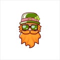 Saint Patricks Day greeting card. Irish Leprechaun with green hat, red mustache, red beard and funky hipster sunglasses