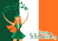 Saint Patricks Day greeting card with leprechaun girl. Royalty Free Stock Photo