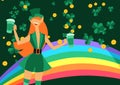 Saint Patricks Day greeting card with leprechaun girl. Royalty Free Stock Photo