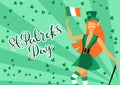 Saint Patricks Day greeting card with leprechaun girl. Royalty Free Stock Photo
