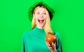 Saint Patricks Day. Happy woman in Leprechaun hat holds pot with gold. Irish Traditions. St Patrick. Royalty Free Stock Photo