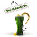 St patricks day concept - glass of green beer with foam, green bottle, horseshoe and gold coins and playing card 7 on table. Royalty Free Stock Photo