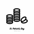 Saint Patricks day magic gold coins vector icon. Black white line art flat icon for logo, sign, button