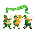 Saint Patricks Day. Musicians in leprechaun costumes. Holiday Vector illustration.