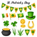 Saint Patricks Day objects. Flag Ireland, pot of gold coins, shamrocks, green hat and horseshoe