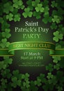 Saint Patricks Day Party invitation template with irish shamrocks leaves on green