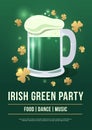 Saint Patricks Day. Poster of festive with symbols Irish holiday on green background. Beer mug with foam and gold clover. Royalty Free Stock Photo
