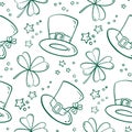 Saint Patricks Day seamless pattern with clover and Leprechaun hat. Vector cartoon spring background.