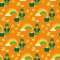 Saint Patricks Day seamless pattern. Leprechaun, rainbow pot, coins. Vector. Royalty Free Stock Photo