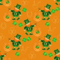 Saint Patricks Day seamless pattern. Leprechaun, shamrock, pipe, horseshoe. Vector. Royalty Free Stock Photo