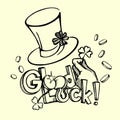 Saint Patricks day sketched design. Leprechaunt hat, hand with chamrock, coins and lettering Good luck