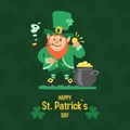 Saint Patricks day with treasure of leprechaun vector illustration. Pot full of golden coins, leprechaun in green hat Royalty Free Stock Photo