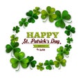 Saint Patricks Day vector background, frame with realistic shamrock leaves