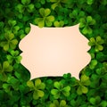 Saint Patricks Day vector background, realistic shamrock leaves and frame