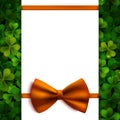 Saint Patricks Day vector background, realistic shamrock leaves and orange bow