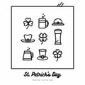 Saint Patricks day vector icons set. Black white line art flat icons for logo, sign, buttons. Minimalist st Patricks day Royalty Free Stock Photo