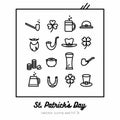 Saint Patricks day vector icons set. Black white line art flat icons for logo, sign, buttons. Minimalist st Patricks day