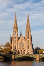 Saint-Paul church at Ill river water portrait format Alsace in Strasbourg France Royalty Free Stock Photo