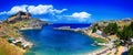 Saint Pauls Bay and Acropolis at Lindos, Rhodes, Greece.