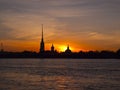 Saint Peter and Paul Cathedral and Fortress, sunrise view from Neva river.