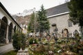 Saint Peter`s Abbey, adjacent cemetery Petersfriedhof, atmospheric burial grounds, artfully designed wrought iron crosses and