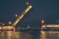 Saint Petersburg, bridging of bridge at night, drawbridge on Neva river at White nights Royalty Free Stock Photo