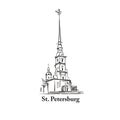 Saint-Petersburg city destination icon, Russia. Saint Peter and Paul Cathedral building sketch. Russian travel background