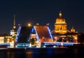 Saint Petersburg cityscape with open Palace bridge, St. Isaac`s cathedral and Admiralty building at night, Russia Royalty Free Stock Photo