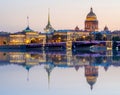 Saint Petersburg cityscape with St. Isaac`s cathedral, Admiralty building and Palace bridge at sunset reflected in Neva river, Rus