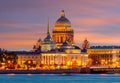 Saint Petersburg cityscape with St. Isaac`s cathedral, Admiralty building and Palace bridge at sunset, Russia Royalty Free Stock Photo